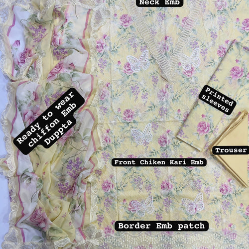 Luxury Lawn 3-Piece | Chikankari Emb Butterfly Print | Soft Yellow Floral Collection