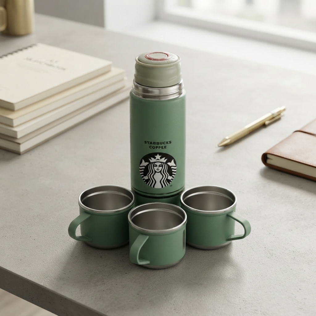 🎁 Premium Coffee Style Vacuum Flask Gift Set | Stainless Steel Insulated Bottle with 2 Cups