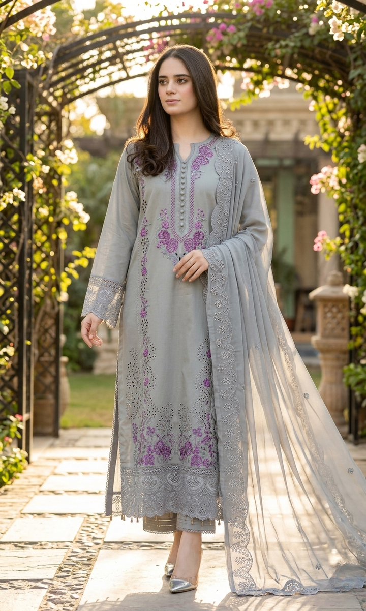 Luxury Grey 3 Piece Embroidered Lawn Suit – Cutwork & Floral Embroidery