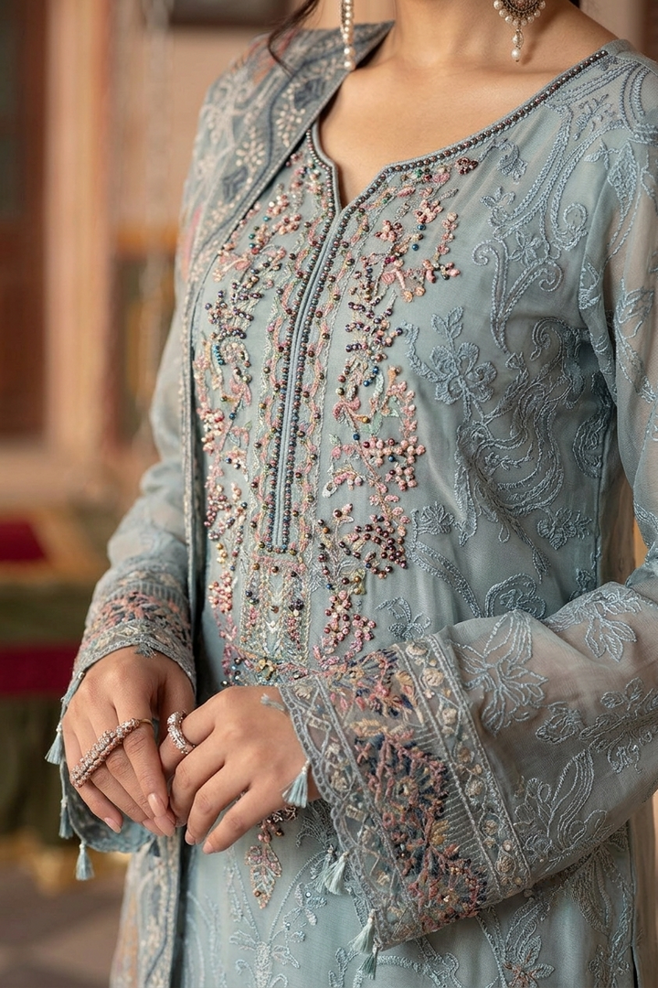 Ramsha Luxury Embroidered Unstitched 3 Piece Chiffon Suit with Organza Dupatta – Ice Blue | Designer Replica