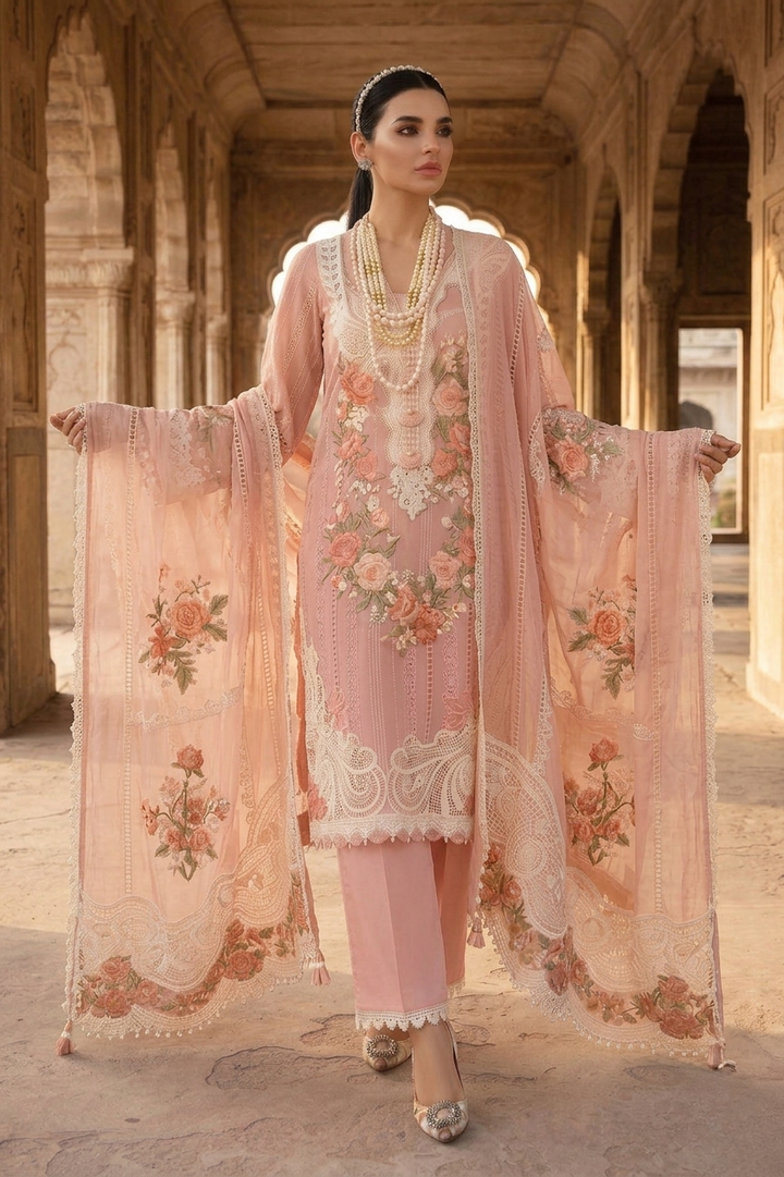 Crimson — Luxury Embroidered 3-Piece Suit | Blush Pink Floral Embroidery with Crochet Lace Dupatta