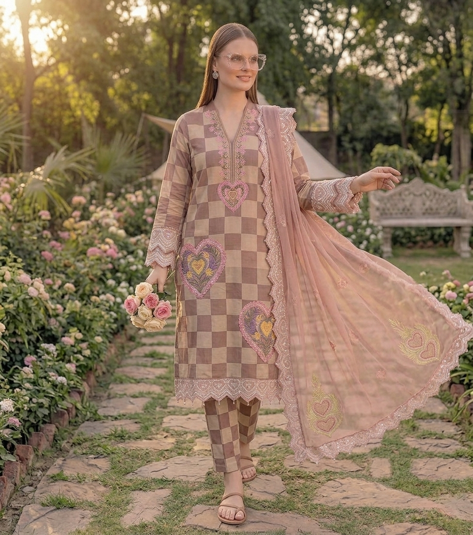 Maria.B M.Prints Checkered Lawn 3-Piece Suit with Heart Embroidery Patches & Embroidered Dupatta