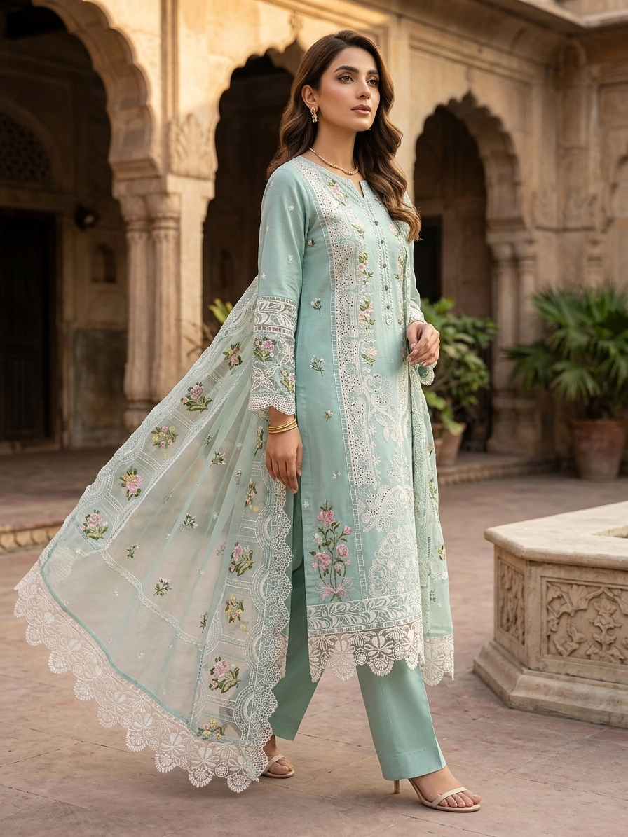 ELAF Luxury Chikankari Embroidered Lawn Suit with Organza Dupatta – Unstitched Replica