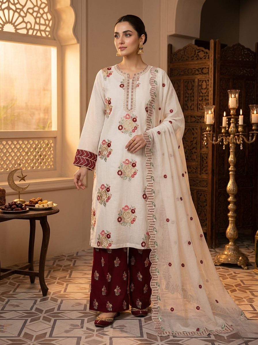 Asim Jofa Inspired 3 Piece Embroidered Lawn Suit – White & Maroon