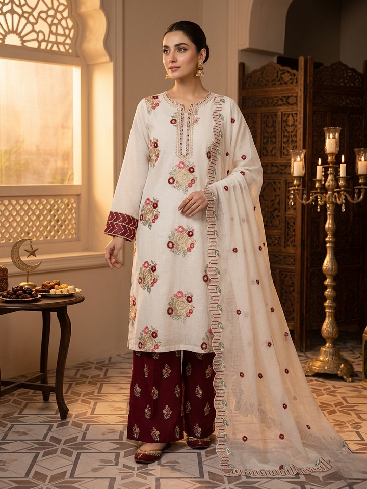 Asim Jofa Inspired 3 Piece Embroidered Lawn Suit – White & Maroon