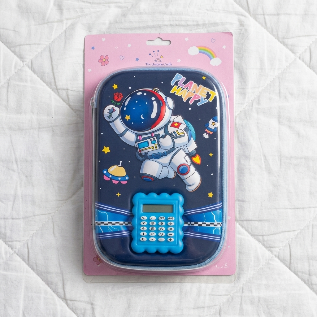 Planet Happy Astronaut Space Pencil Case with Calculator — Hard Shell EVA Zipper Pouch | Cool School Stationery for Boys