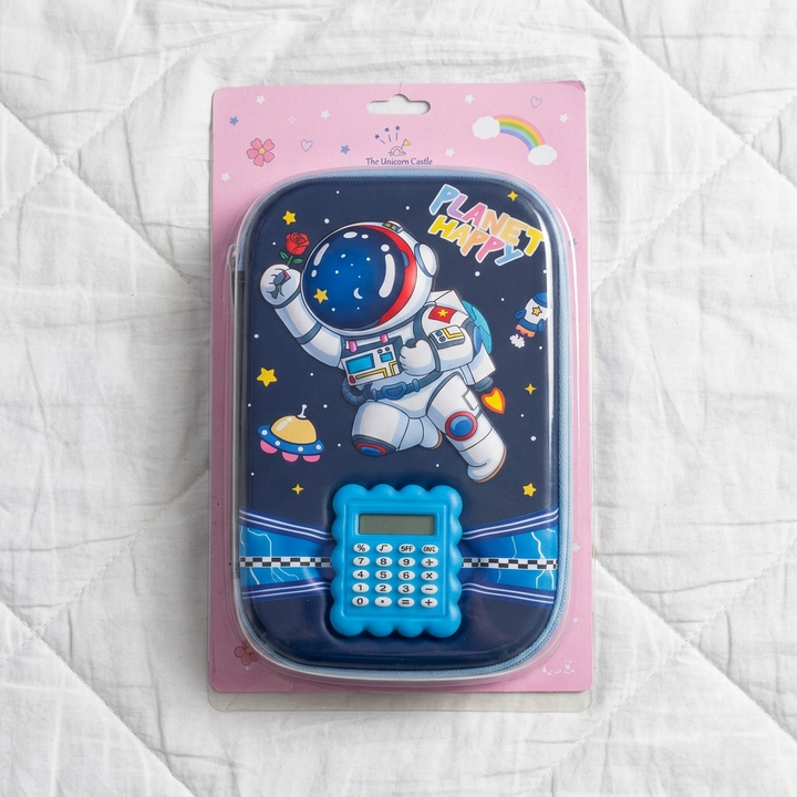 Planet Happy Astronaut Space Pencil Case with Calculator — Hard Shell EVA Zipper Pouch | Cool School Stationery for Boys