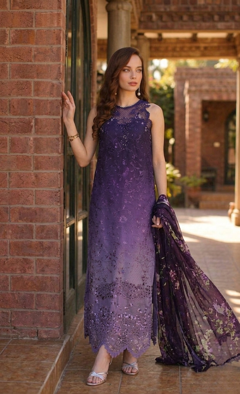 Noor By Saadia Lawn Collection 💜"Purple Reverie" – Embroidered Ombré 3-Piece Lawn Suit