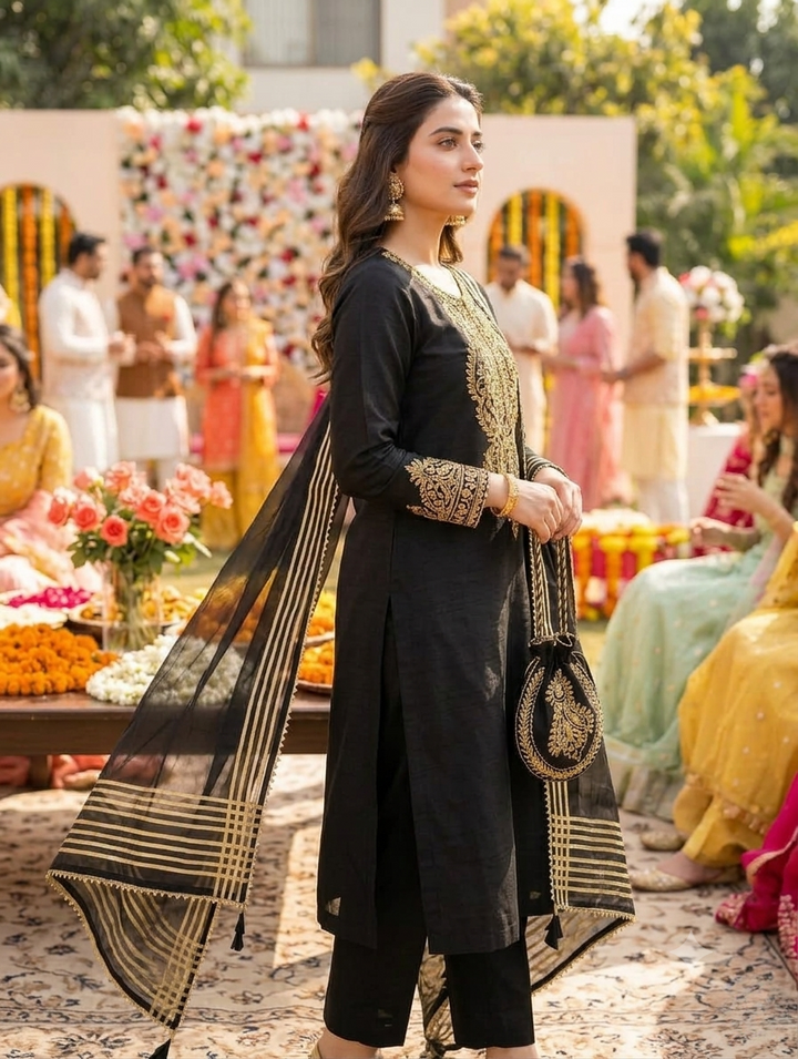 ANAYA-B Unstitched Black Cotton Silk Suit with Organza Dupatta & Matching Embroidered Potli |  Premium Embroidered Women's Festive Wear
