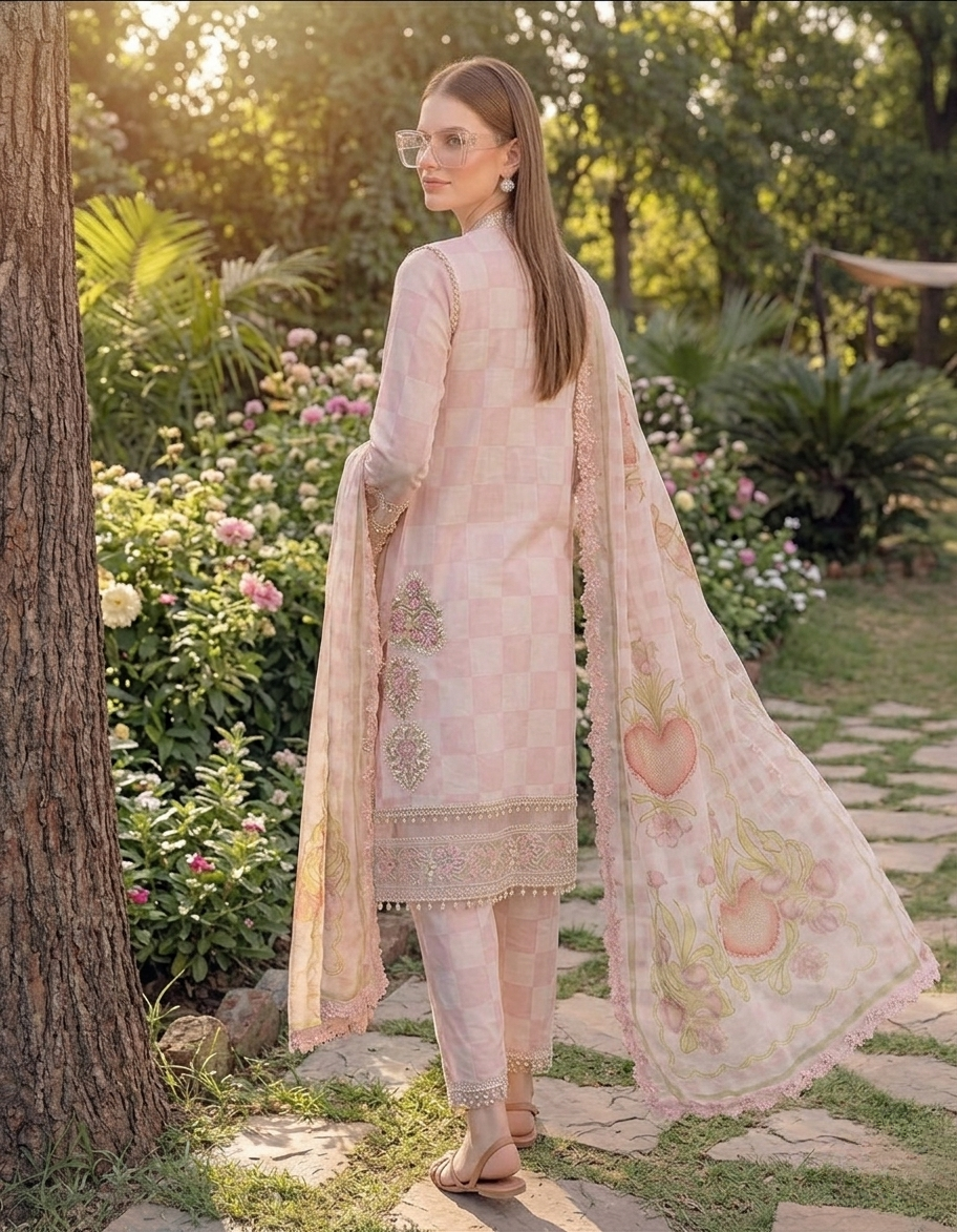 Maria.B M.Prints  Checkered Printed Lawn 3-Piece Suit with Embroidered Details