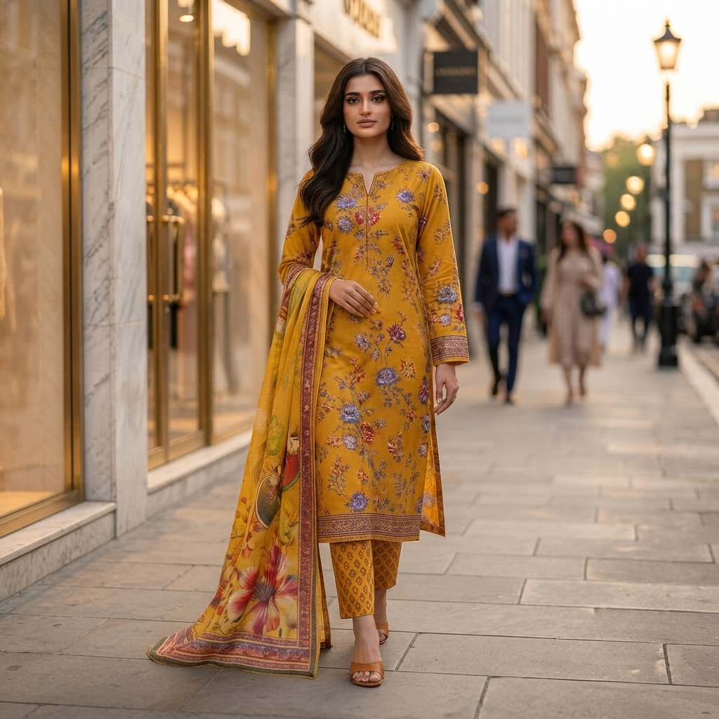 Bin Saeed Printed 3 Piece Unstitched Lawn Suit for Women