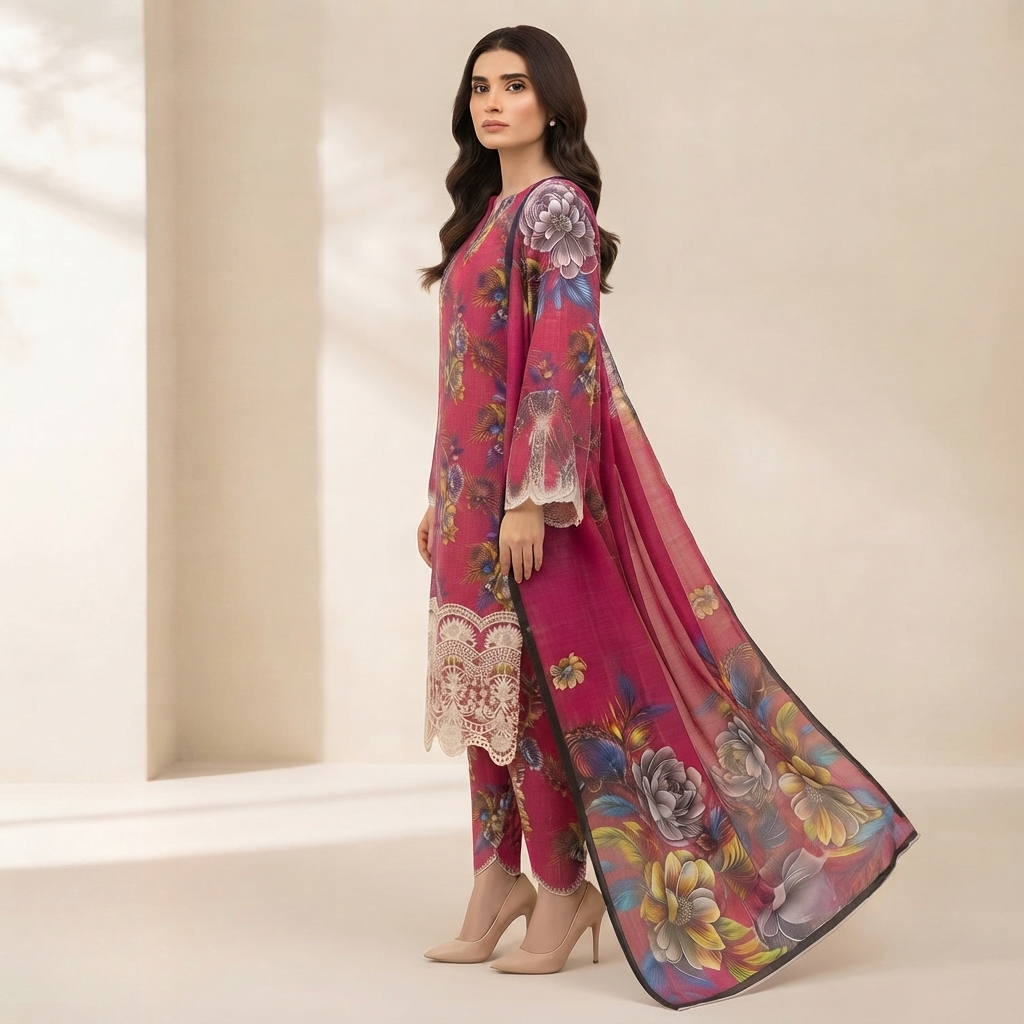 Bin Saeed Printed 3 Piece Unstitched Lawn Suit for Women