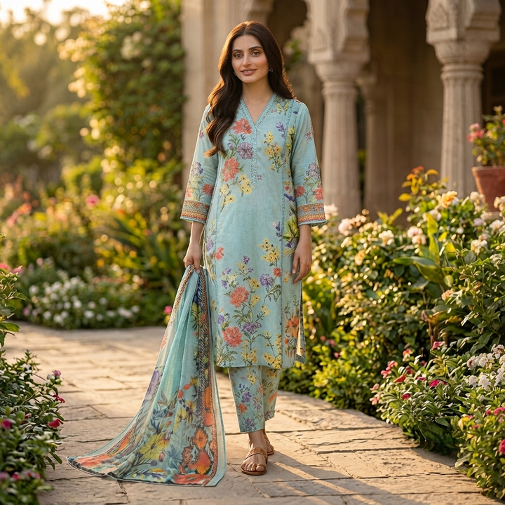 Bin Saeed Printed 3 Piece Unstitched Lawn Suit for Women