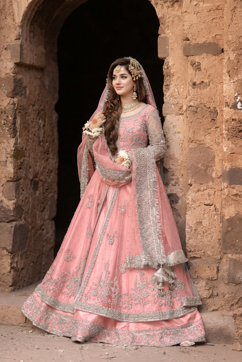 Kashee's Inspired Rose Pink Heavy Embroidered 3-Piece Unstitched Bridal Suit | Silver Zardozi Net Fabric | Wedding Collection