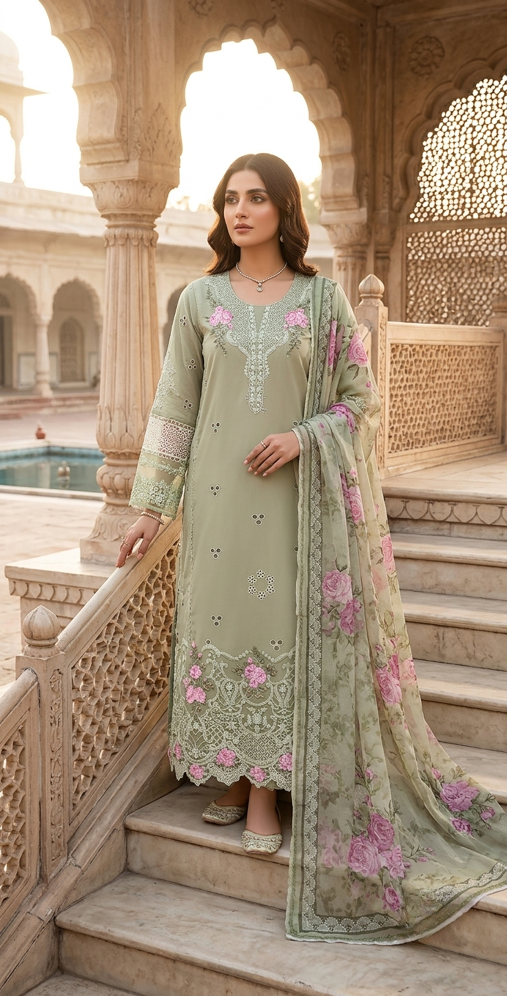 NOOR Luxury Embroidered Lawn Unstitched 3 Piece Suit with Printed Chiffon Dupatta – Sage Green | Pakistani Designer Replica