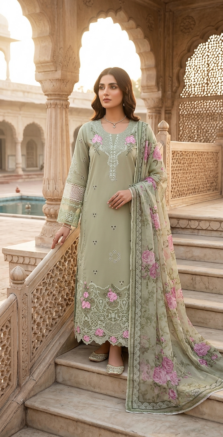 NOOR Luxury Embroidered Lawn Unstitched 3 Piece Suit with Printed Chiffon Dupatta – Sage Green | Pakistani Designer Replica