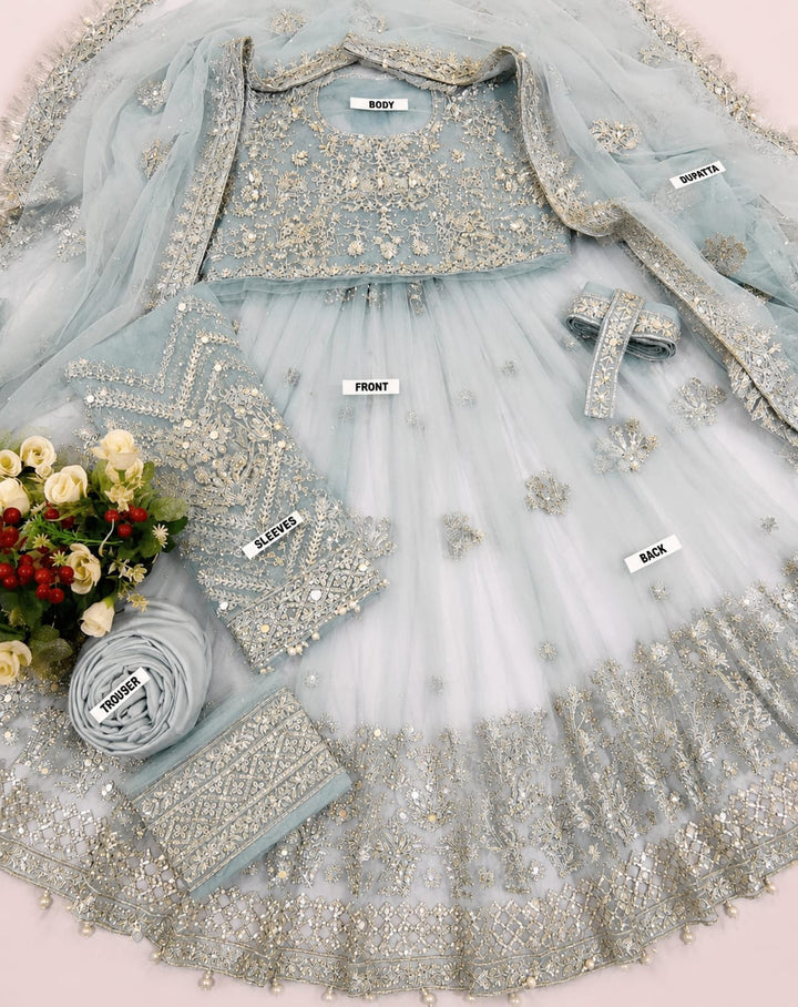 Kashee's Inspired Ice Blue Heavy Embroidered 3-Piece Unstitched Bridal Suit | Antique Gold Zardozi Net Fabric | Wedding Collection