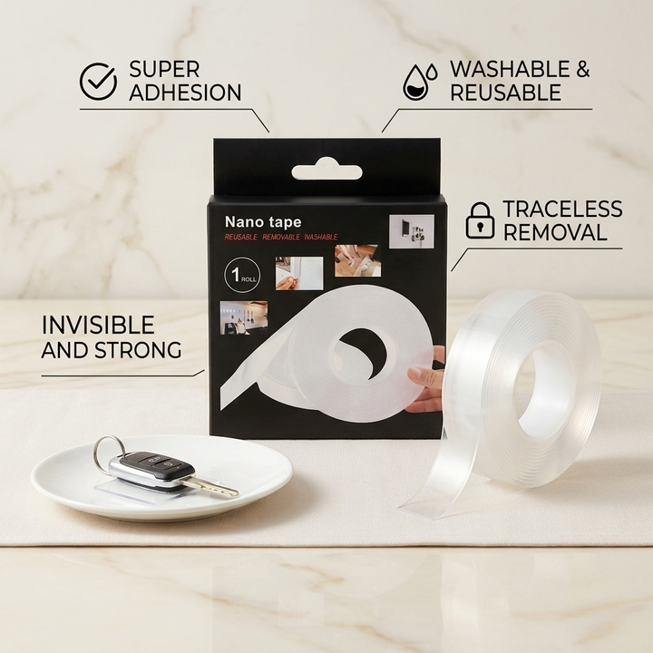 Nano Tape Reusable Double Sided Tape | Super Adhesion | Washable Removable Traceless | Invisible Strong Grip Tape