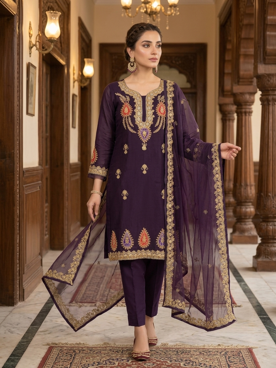ANAYA-B Embroidery Collection Unstitched Purple Organza Embroidered Suit with Organza Dupatta | Silk Trouser