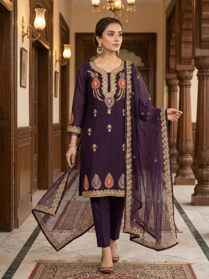 ANAYA-B Embroidery Collection Unstitched Purple Organza Embroidered Suit with Organza Dupatta | Silk Trouser