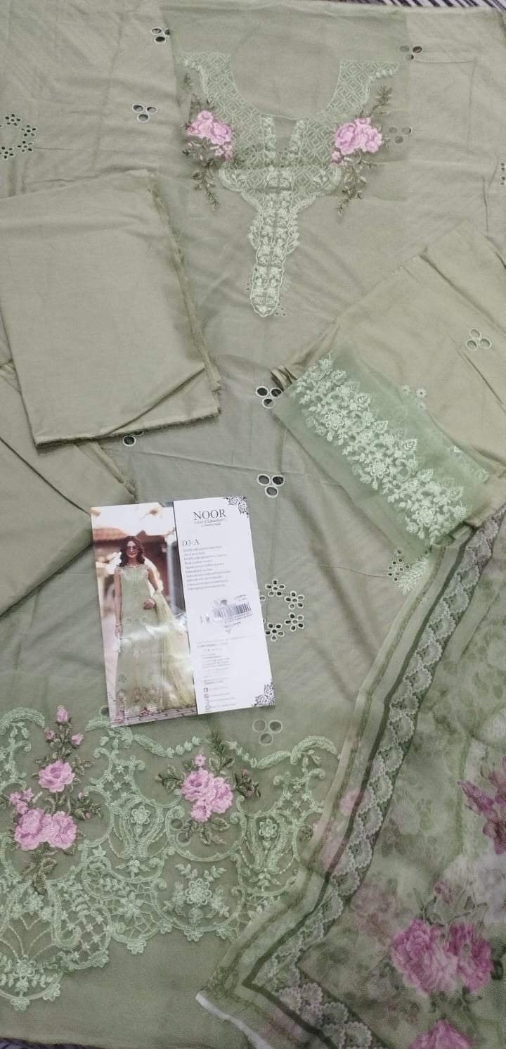 NOOR Luxury Embroidered Lawn Unstitched 3 Piece Suit with Printed Chiffon Dupatta – Sage Green | Pakistani Designer Replica