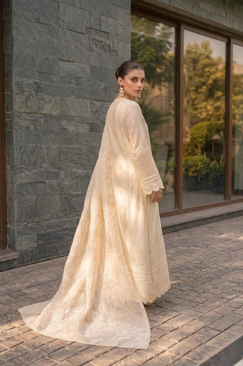 MUSHQ | Ivory Grace – Embroidered Cutwork Lawn 3-Piece Suit with Floral Organza Dupatta