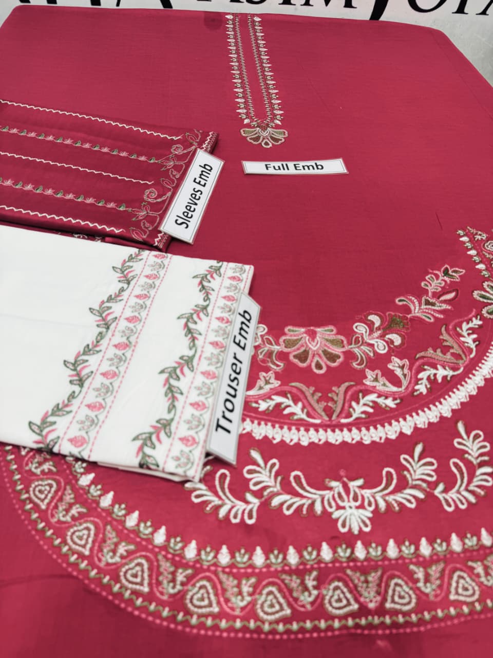 "Deep Red Full Embroidered Unstitched 2-piece Lawn Suit | Shirt + Sleeves + Trouser Fabric|Asim Jofa Inspired"