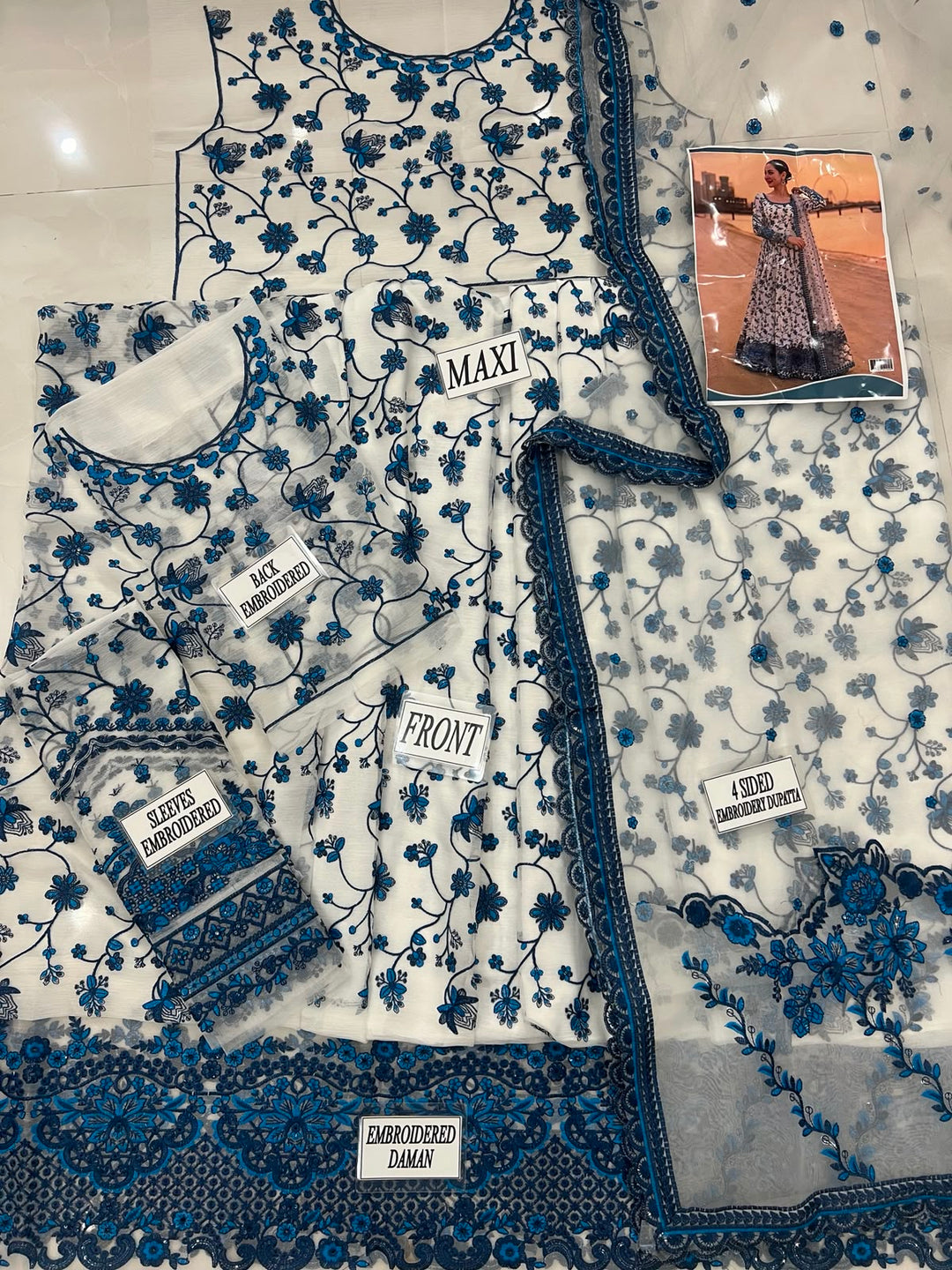 Unstitched Premium Chiffon Indian Party Wear Dress | Blue Floral Suit with Dupatta