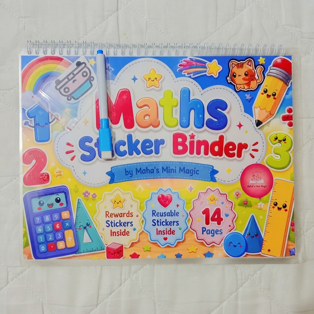Maths Sticker Binder by Maha's Mini Magic — 14 Pages, Reusable & Reward Stickers | Kids Math Activity Book with Marker