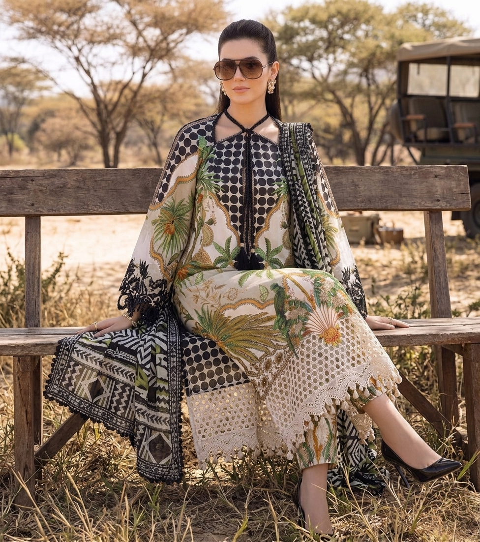 Maria.B M.Prints Tropical Palm Tree Embroidered Printed Lawn 3-Piece Suit