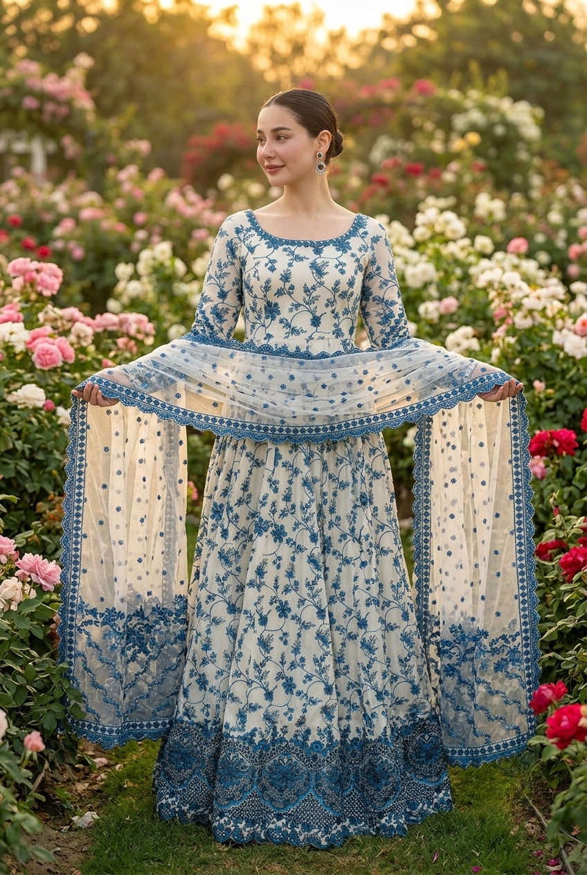 Unstitched Premium Chiffon Indian Party Wear Dress | Blue Floral Suit with Dupatta