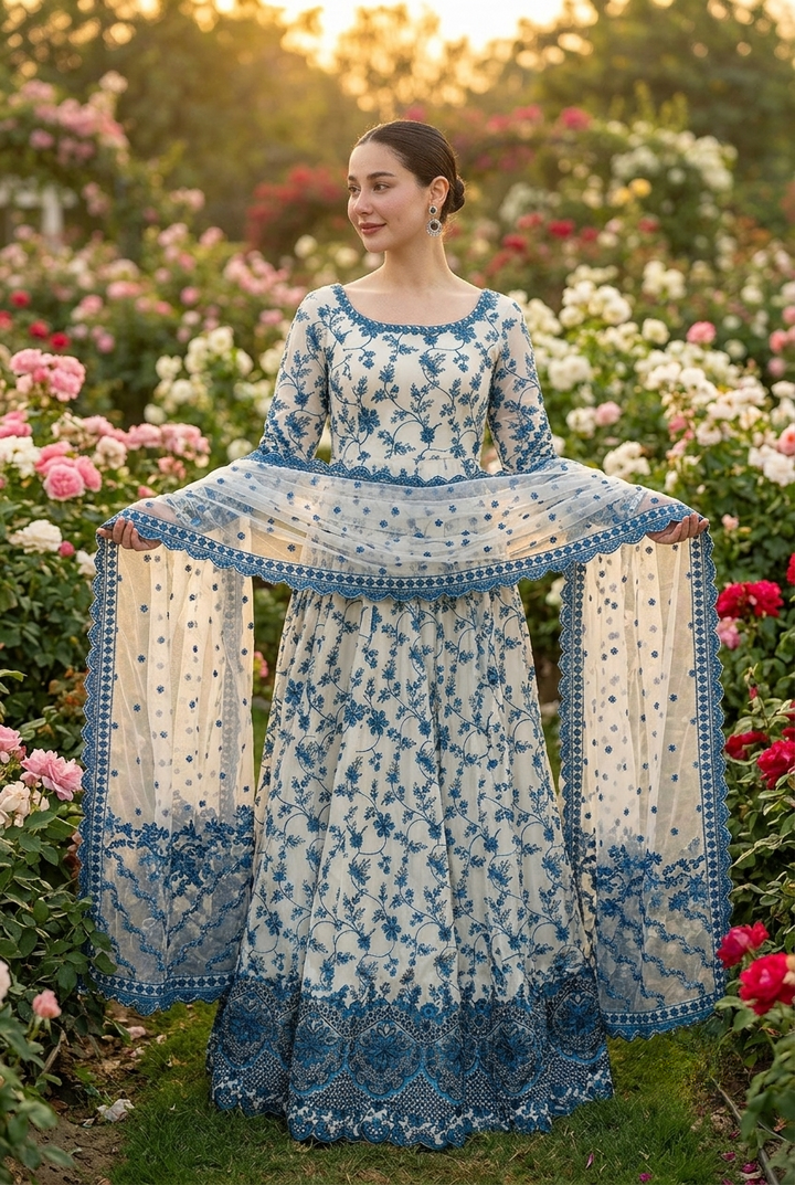 Unstitched Premium Chiffon Indian Party Wear Dress | Blue Floral Suit with Dupatta