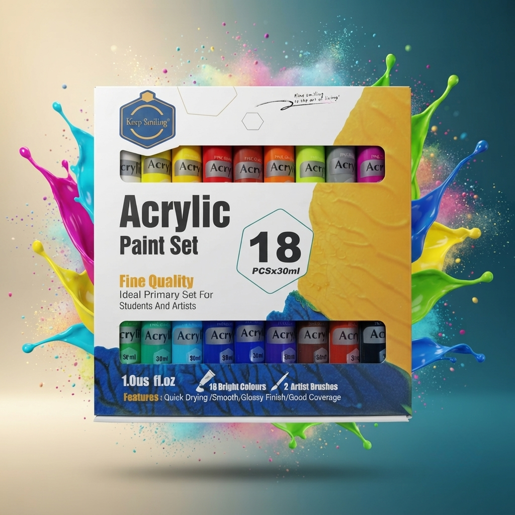 🎨 Keep Smiling Acrylic Paint Set – 18 Colors (30ml Each) with 2 Artist Brushes