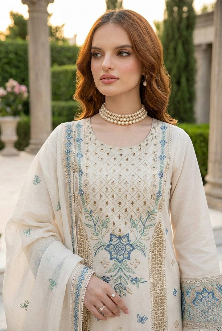 MAHNUR | Pearl Bloom – Ivory Embroidered Lawn 3-Piece Suit with Blue Floral Threadwork & Cutwork Details
