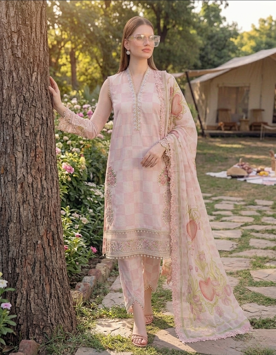 Maria.B M.Prints  Checkered Printed Lawn 3-Piece Suit with Embroidered Details