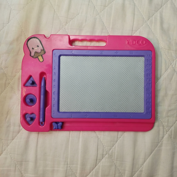KIDCO Magnetic Drawing Board for Kids — Pink Doodle Pad with Stylus, Shape Stamps, Numbers & Alphabet | Educational Drawing Toy