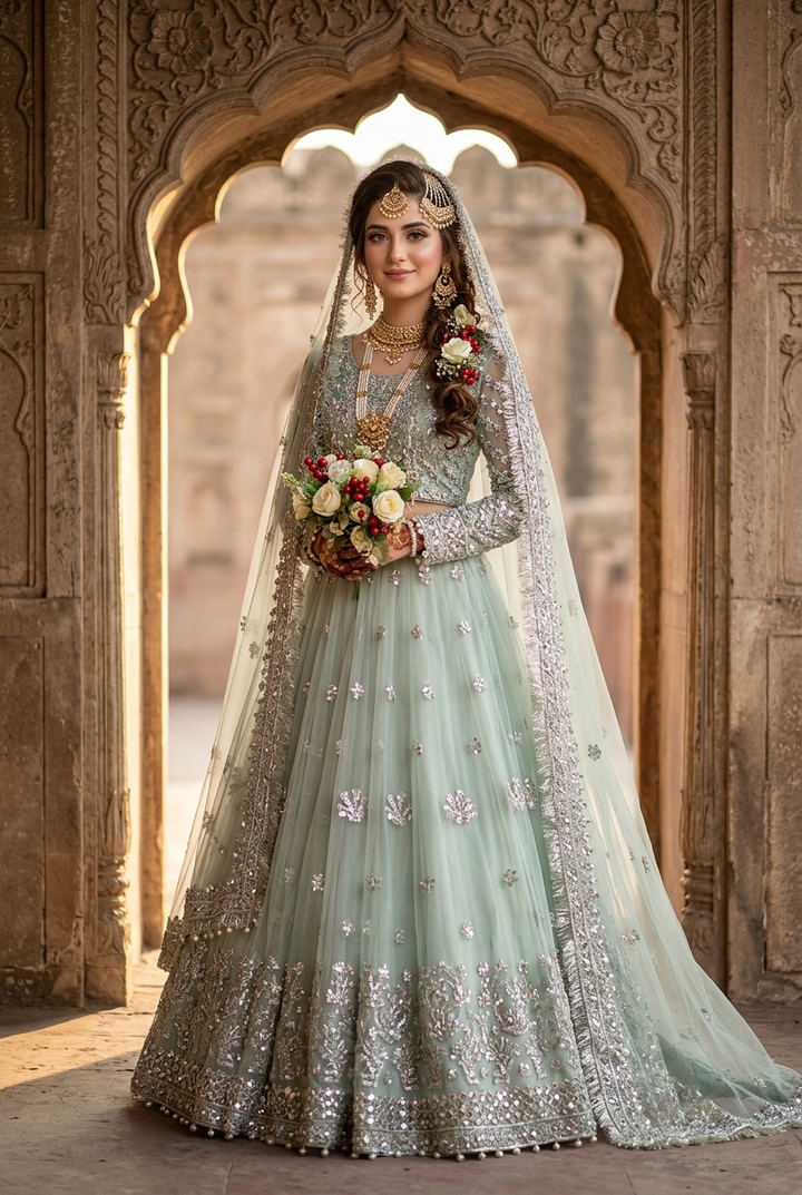 Kashee's Inspired Mint Green Heavy Embroidered 3-Piece Unstitched Bridal Suit | Silver Zardozi Net Fabric | Wedding Collection