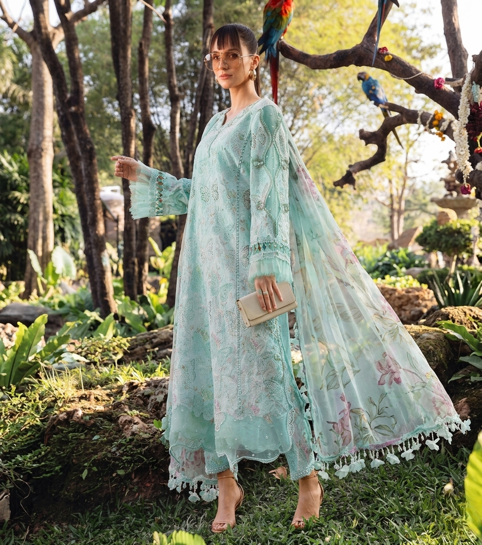 MARIA.B M.Prints "Minty Butterfly Dreams" – Embroidered 3-Piece Lawn Suit
