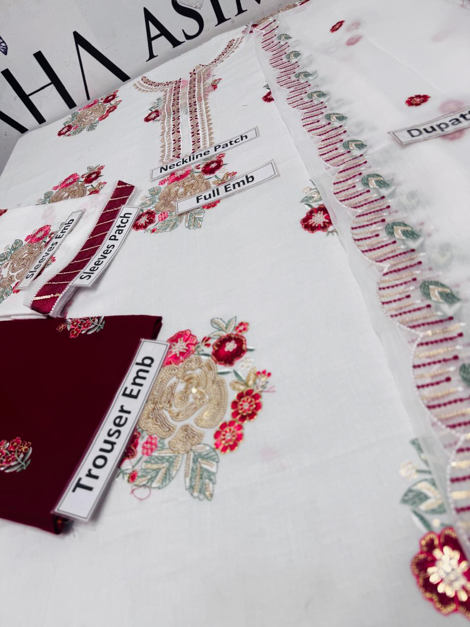 Asim Jofa Inspired 2 Piece Embroidered Lawn Suit – White & Maroon