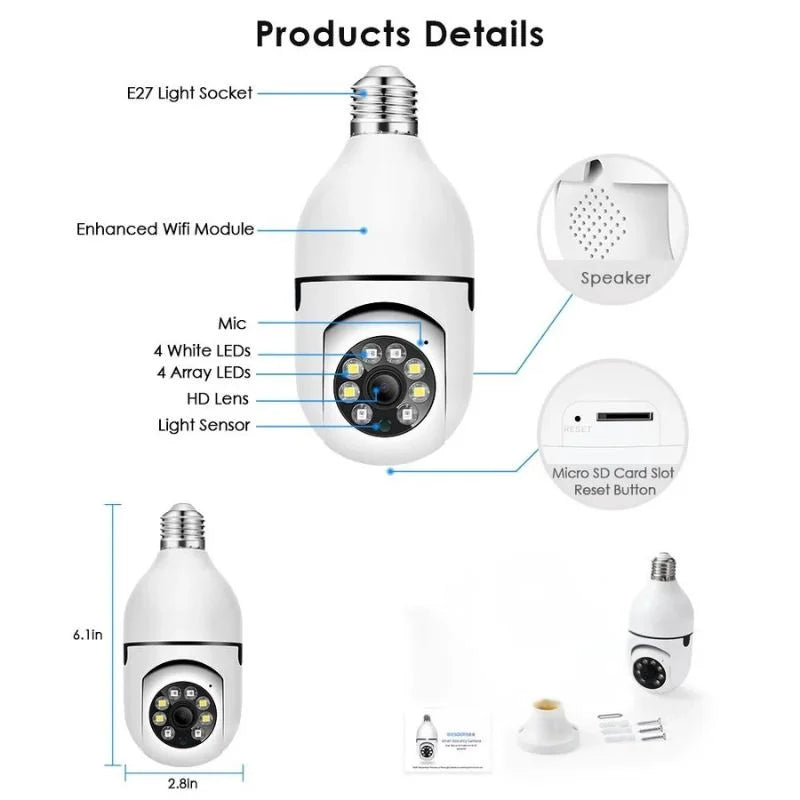 E27 Bulb WiFi Security Camera 360° Panoramic Night Vision, Wireless Home Surveillance Camera with 355° Pan 90° Tilt, Smart Indoor CCTV
