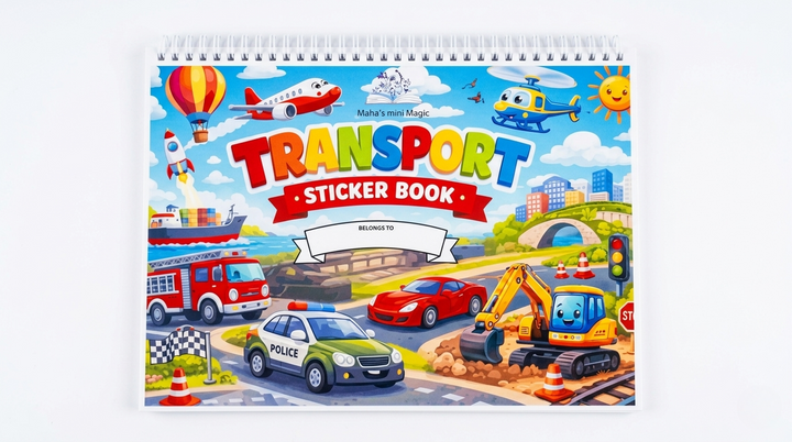 Transport Sticker Book by Maha's Mini Magic — Kids Vehicle Activity Book | Boys Sticker Book with Cars, Planes & More