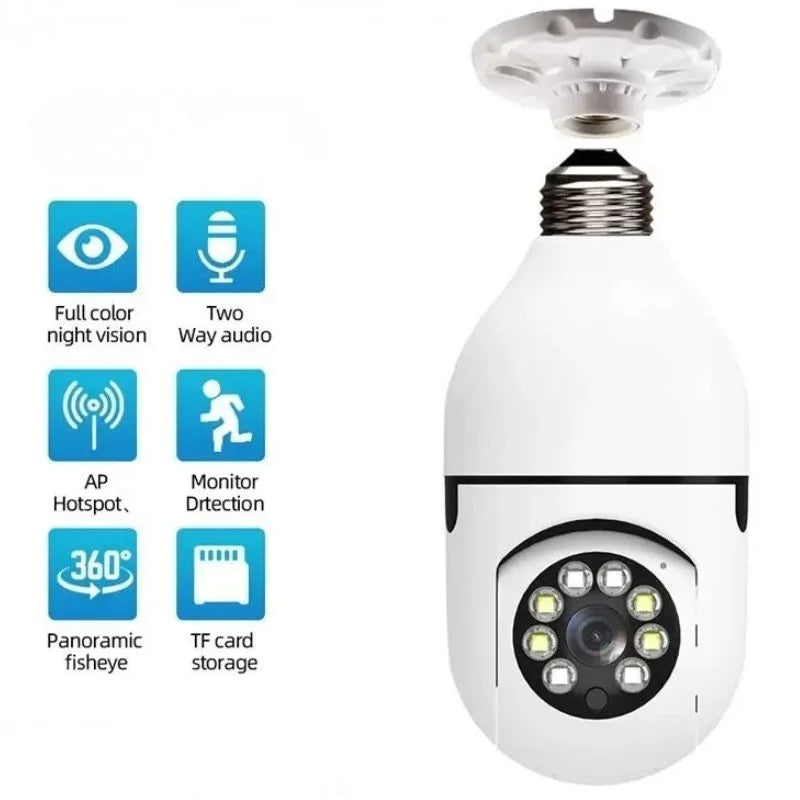 E27 Bulb WiFi Security Camera 360° Panoramic Night Vision, Wireless Home Surveillance Camera with 355° Pan 90° Tilt, Smart Indoor CCTV