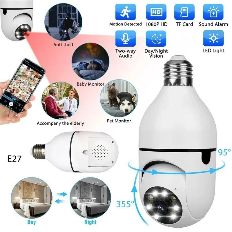 E27 Bulb WiFi Security Camera 360° Panoramic Night Vision, Wireless Home Surveillance Camera with 355° Pan 90° Tilt, Smart Indoor CCTV