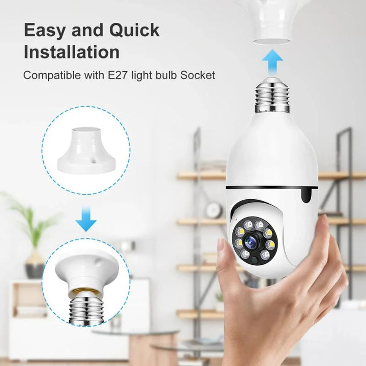 E27 Bulb WiFi Security Camera 360° Panoramic Night Vision, Wireless Home Surveillance Camera with 355° Pan 90° Tilt, Smart Indoor CCTV