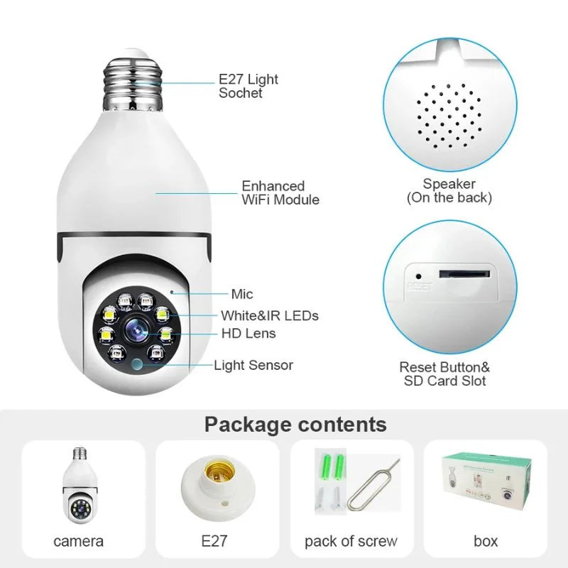 E27 Bulb WiFi Security Camera 360° Panoramic Night Vision, Wireless Home Surveillance Camera with 355° Pan 90° Tilt, Smart Indoor CCTV
