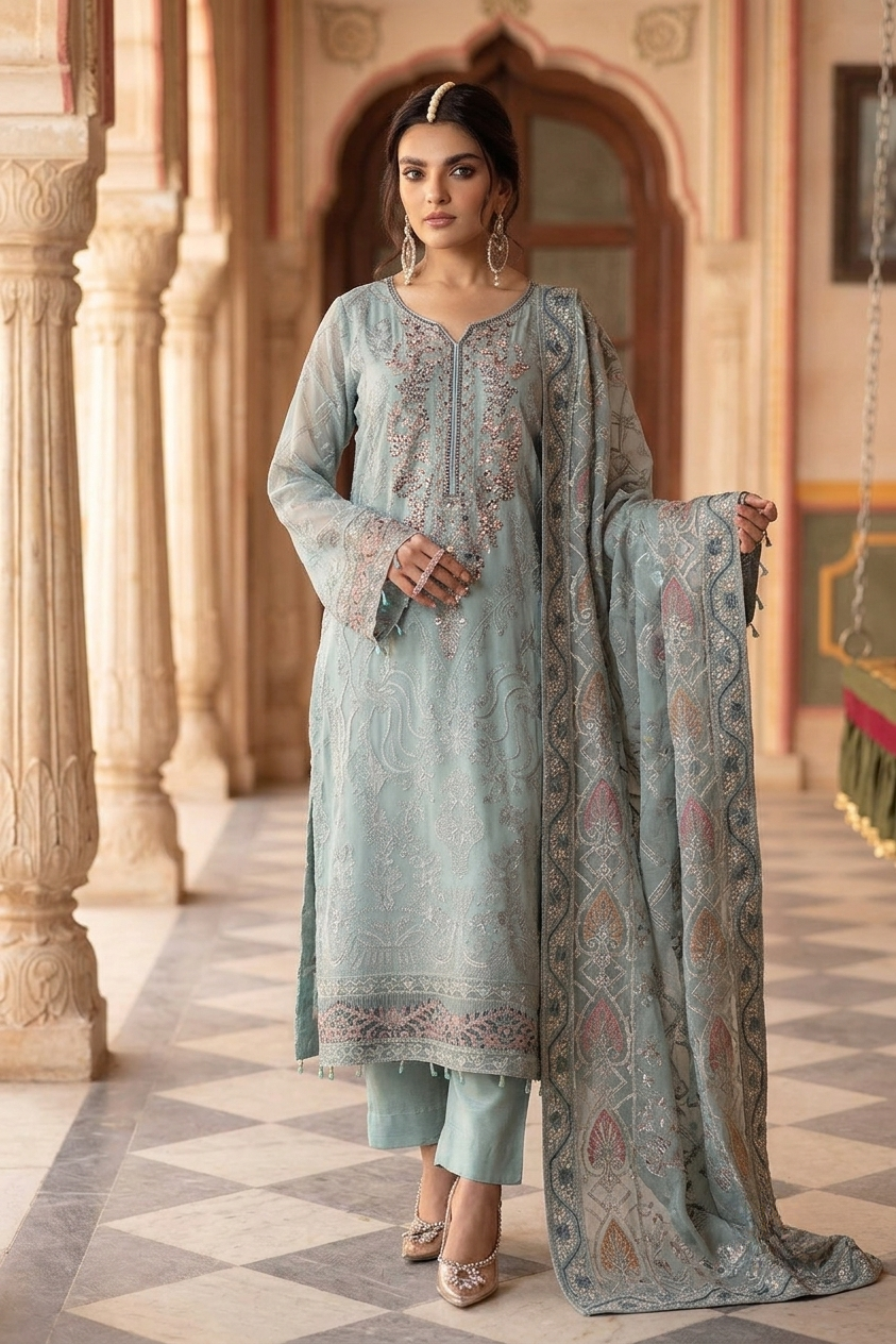Ramsha Luxury Embroidered Unstitched 3 Piece Chiffon Suit with Organza Dupatta – Ice Blue | Designer Replica