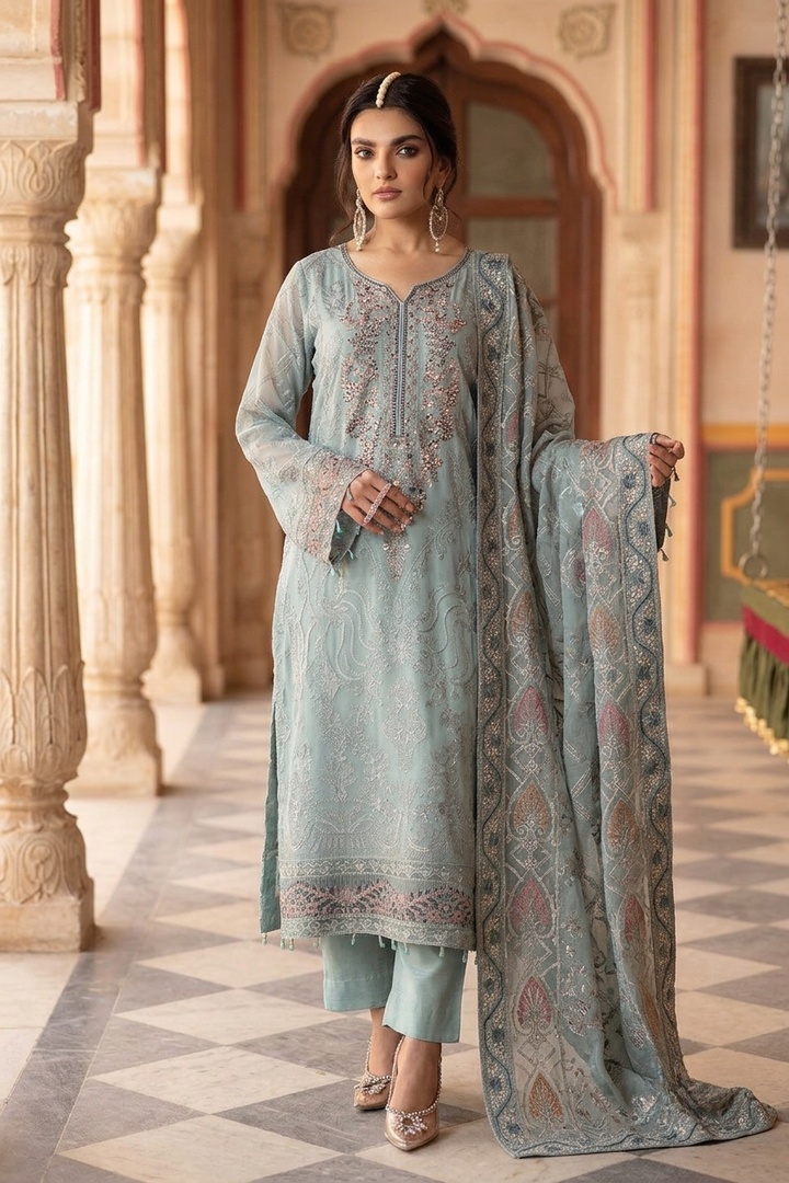 Ramsha Luxury Embroidered Unstitched 3 Piece Chiffon Suit with Organza Dupatta – Ice Blue | Designer Replica