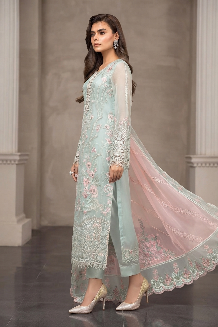 MARIA B COUTURE COLLECTION Unstitched Chiffon Embroidered Suit with Chiffon Dupatta & Satin Trouser – Luxury Women's Party Wear | Replica