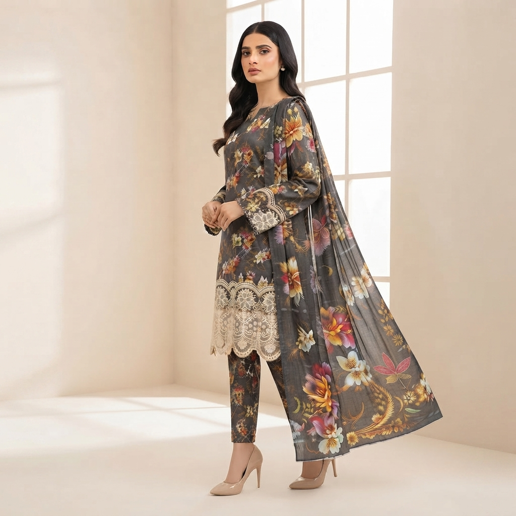 Bin Saeed Printed  3 Piece Unstitched Lawn Suit for Women