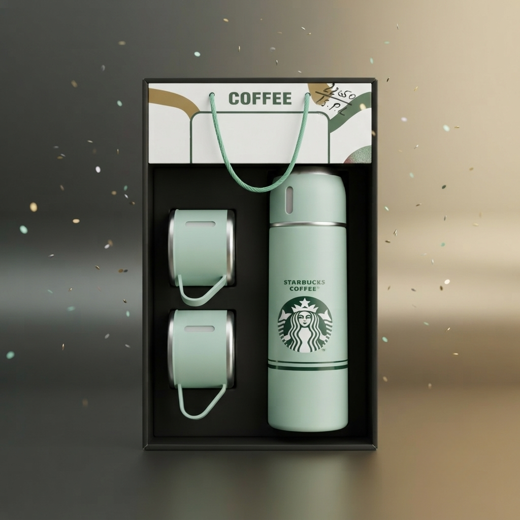 🎁 Premium Coffee Style Vacuum Flask Gift Set | Stainless Steel Insulated Bottle with 2 Cups